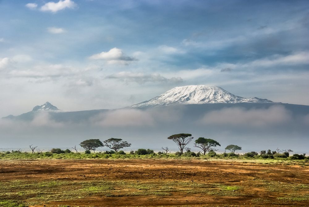 Trekkers approaching the summit of Mount Kilimanjaro at sunrise