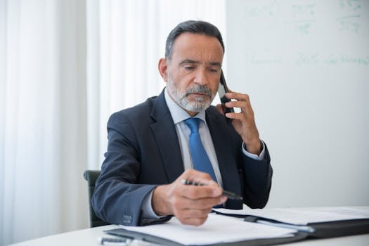 Senior businessman in a suit discussing business on the phone while reviewing documents in an office.