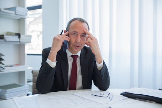 Focused businessman in office discussing on mobile phone with documents on desk.