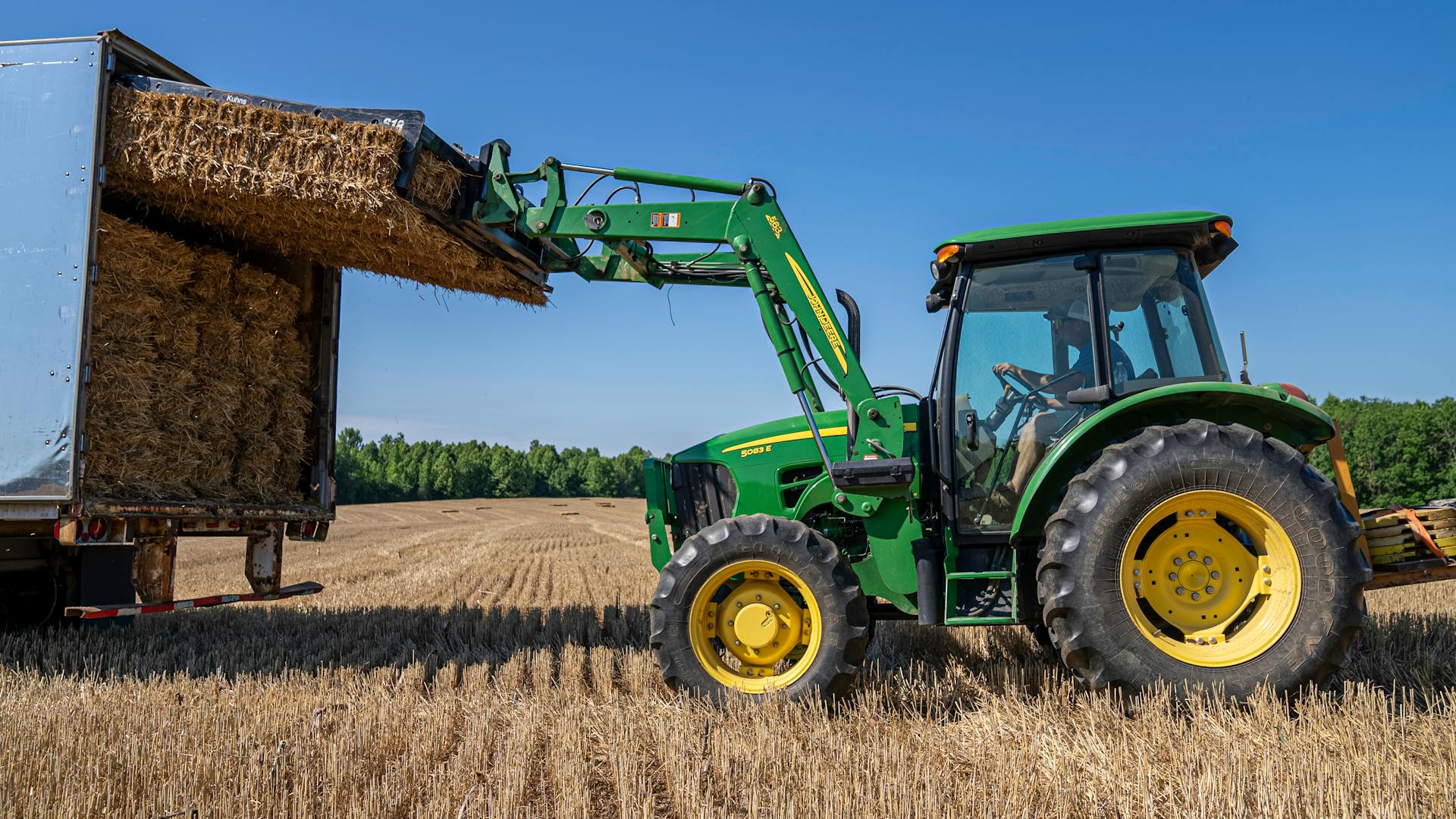 Green tractor loading hay onto truck in NC farm, clear sky.