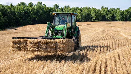 Free A Farmer Driving Tractor with Baled Hays Stock Photo