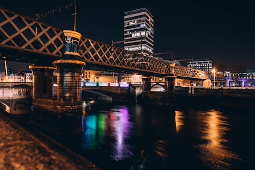 Illuminated Dublin bridge with reflections on river at night showcasing urban architecture.