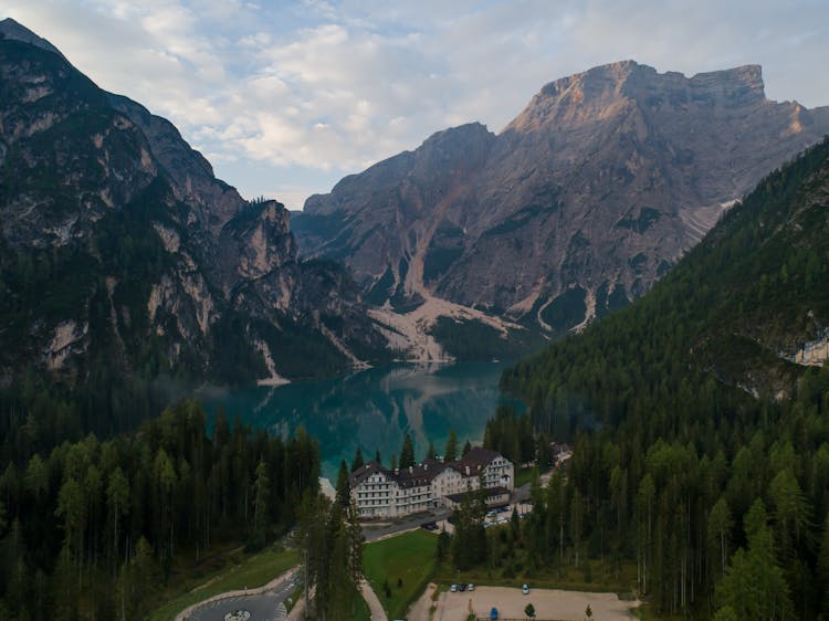 Aerial View Of Rocky Mountains Beside The Lake