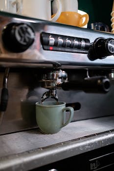 Close-up of espresso brewing in a coffee machine with a green ceramic cup underneath.