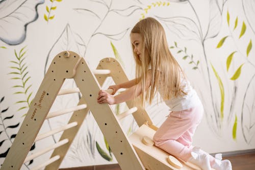 A Girl in White Shirt and Pink Pants Climbing on a Wooden Ladder