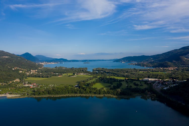 Aerial View Of A Scenic Landscape And Lakes
