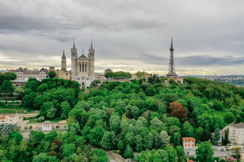 Basilica of Notre-Dame de Fourvière and Metallic tower of Fourviere on a Hill in Lyon