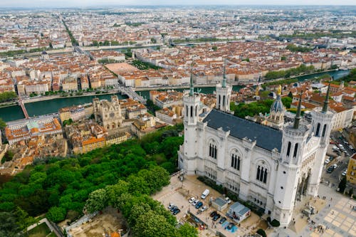Free Aerial View of the Notre-Dame de Fourviere Basilica in Lyon France
 Stock Photo
