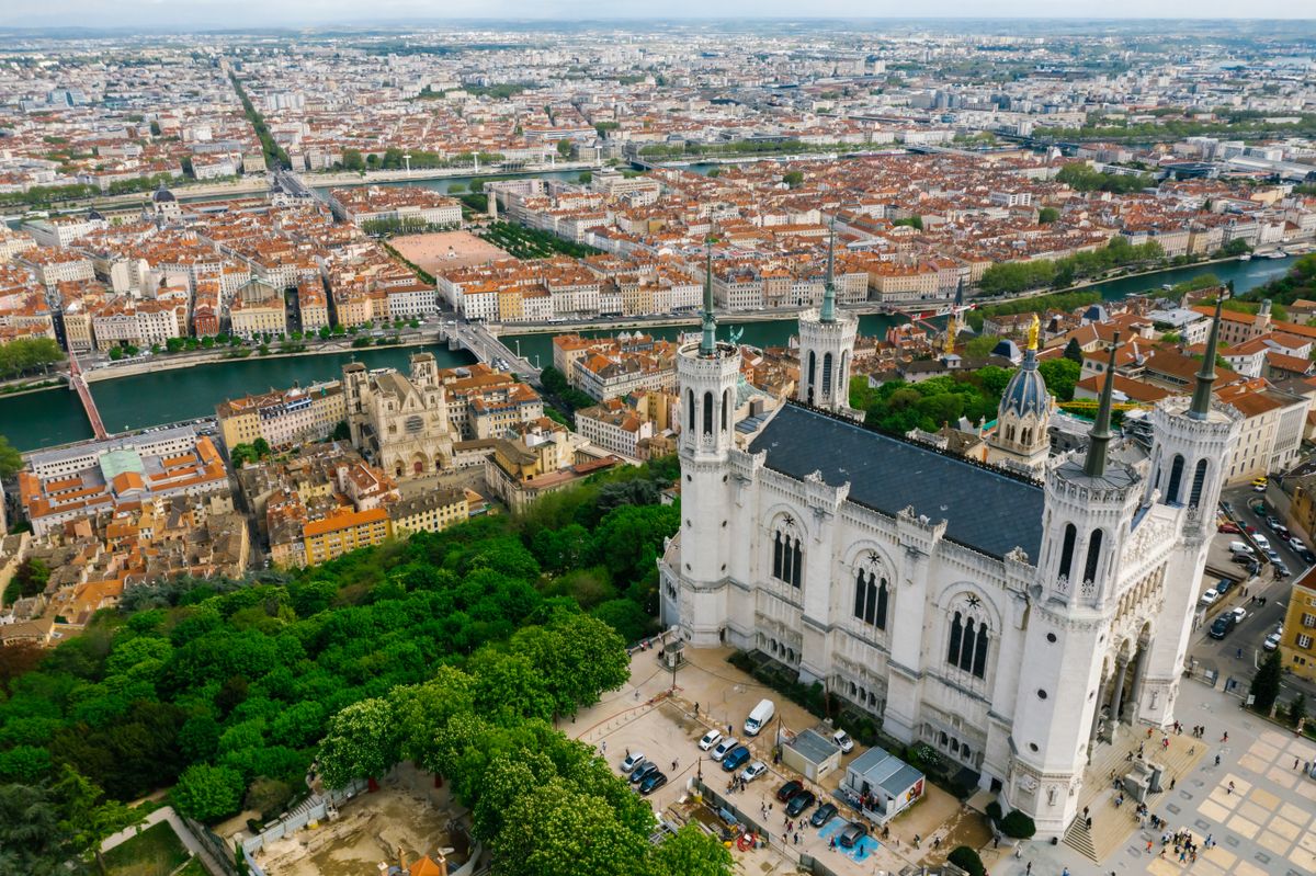 The Fourvière basilica above Lyon and its two rivers