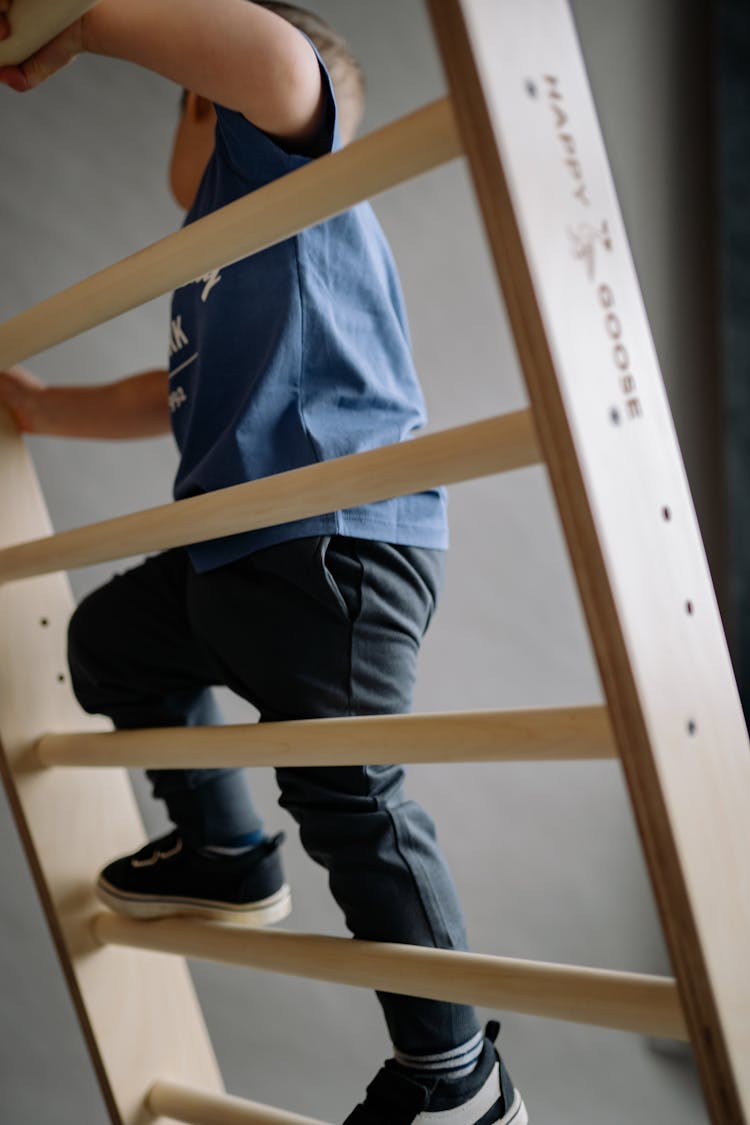 Boy Climbing On The Wooden Ladder