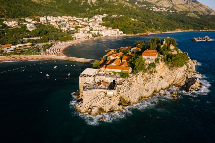 Aerial View Of Aman Sveti Stefan Hotel In Montenegro