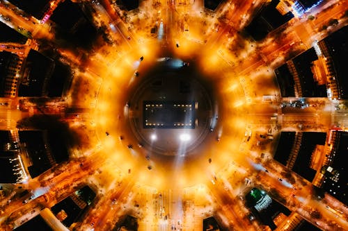 Aerial View of City Buildings at Night