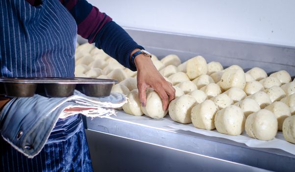 A baker in an apron arranging dough balls on a tray for baking preparation.