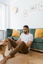 Man in Blue and White Striped Polo Shirt Sitting on Brown Couch Beside Brown Short Coated
