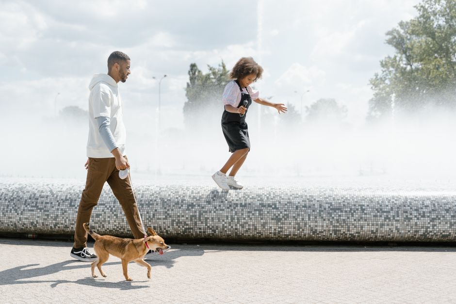 A father and daughter walking their dog by a lively water fountain in the park.