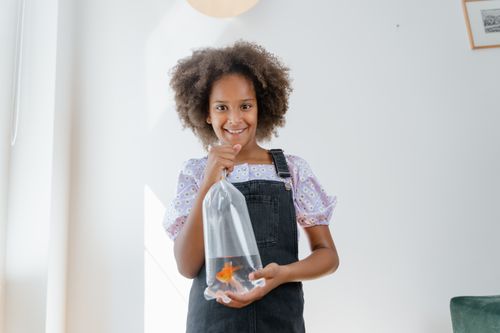 Free Cheerful girl with curly hair holding a pet goldfish in a plastic bag indoors. Stock Photo
