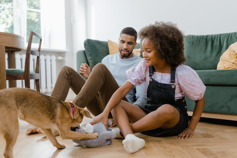 A joyful scene of a father and daughter playing with their dog inside a cozy living room.