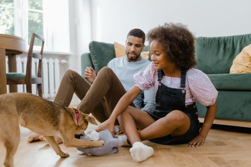 Free A joyful scene of a father and daughter playing with their dog inside a cozy living room. Stock Photo
