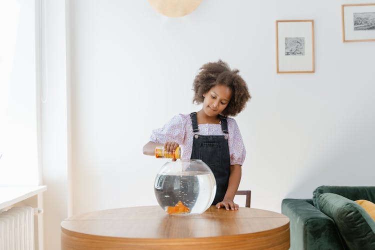 A Girl Feeding A Goldfish