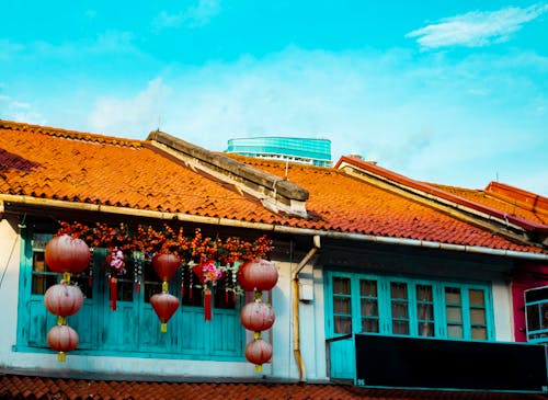 Free stock photo of blue sky, blue windows, chinese lanterns Stock Photo