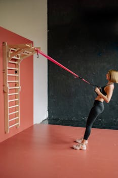 Adult woman working out with resistance bands attached to exercise wall at gym.