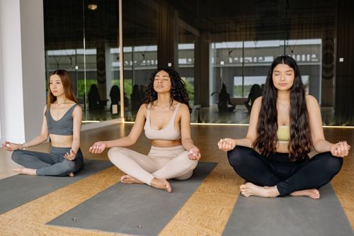 Free Three women practicing meditation in a yoga class indoors, promoting a calm and healthy lifestyle. Stock Photo