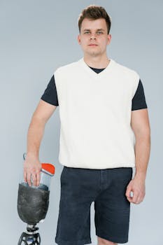 Portrait of a man standing confidently with a prosthetic leg, wearing a sweater vest and shorts.