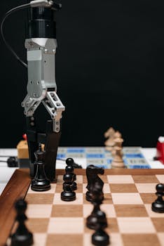 A robotic arm playing chess, highlighting technology and strategy.