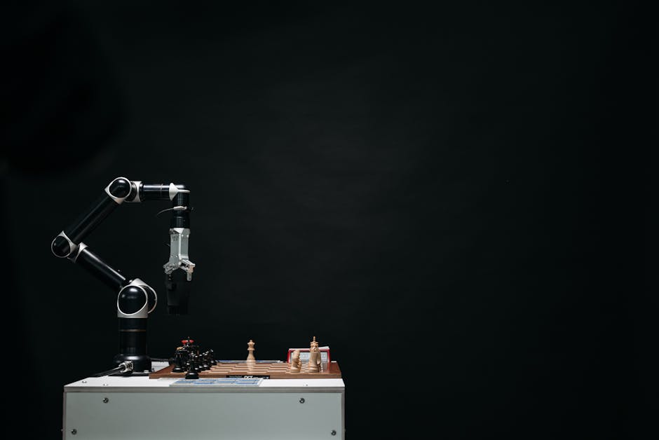 An articulated robotic arm competes in chess on a board against a dark background, highlighting AI and innovation.