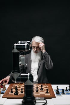 An elderly man competes in chess against a robotic arm, symbolizing strategy and technology fusion.