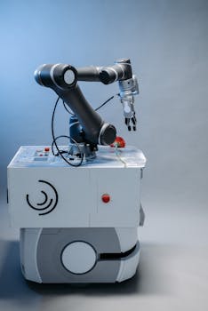 Sleek industrial robot arm in a laboratory setting, showcasing technology and innovation.