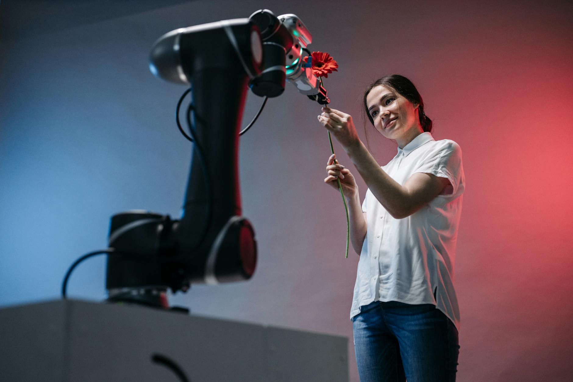 A woman and a robot arm collaboratively holding a flower, symbolising technology's gentle touch.