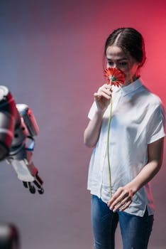 A woman interacts with a robot while holding a red flower, blending nature and technology.