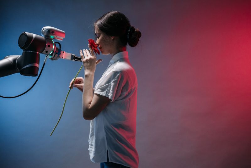Senior person wearing smartwatch with robot equipment background