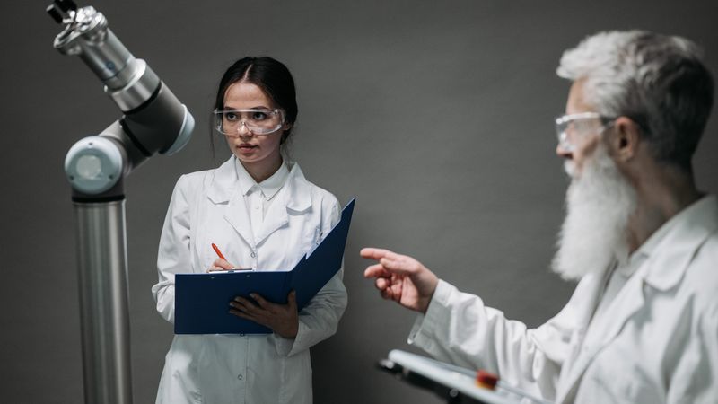 Scientists in lab coats analyze advanced robotics technology, highlighting innovation and teamwork.