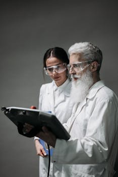 Two scientists in lab coats reviewing data on a tablet, showcasing teamwork and innovation.