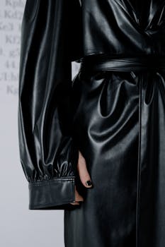 Close-up of a stylish black leather trench coat with manicured nails, perfect for fashion inspiration.