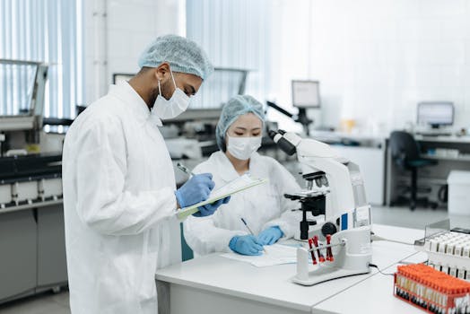 Two scientists collaborating on research in a modern laboratory setting, using advanced equipment.