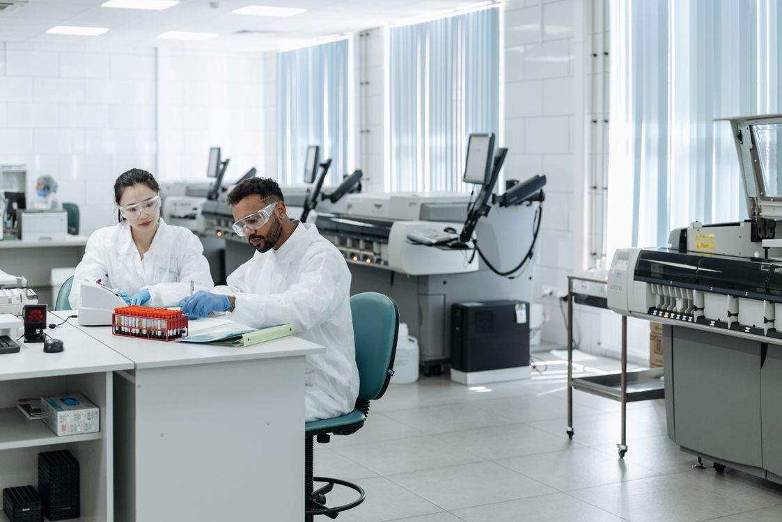 Medical researchers analysing clinical data in a laboratory