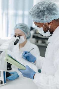 Scientists working in a modern lab with microscopes and notes.