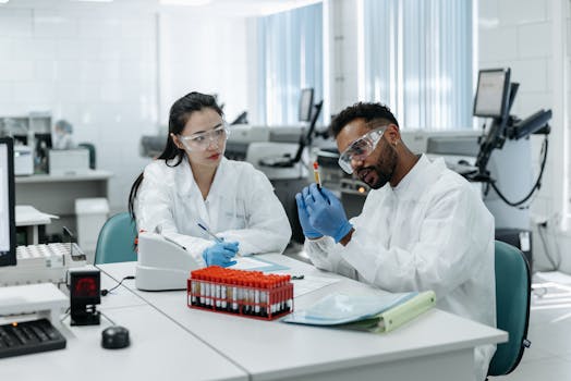Laboratory scientists analyzing samples with protective gear and equipment.