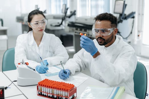 Two scientists in a lab examining samples and recording data in a healthcare setting.