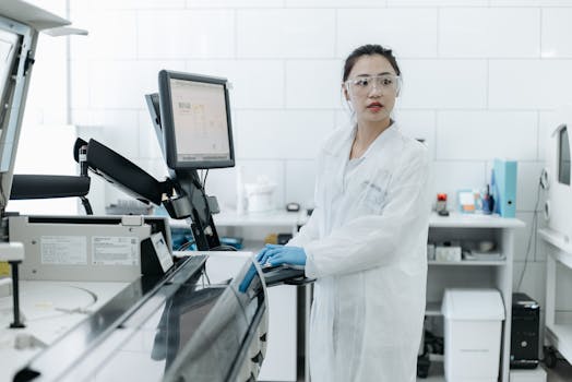 Lab technician in protective gear working on scientific equipment in a laboratory.