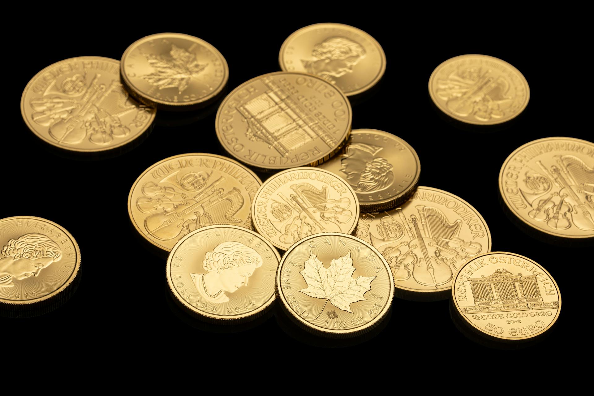 High-quality close-up of various gold coins showcasing intricate designs on a black background.