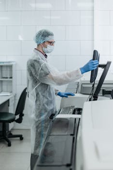 Scientist in protective gear operating high-tech laboratory equipment indoors.