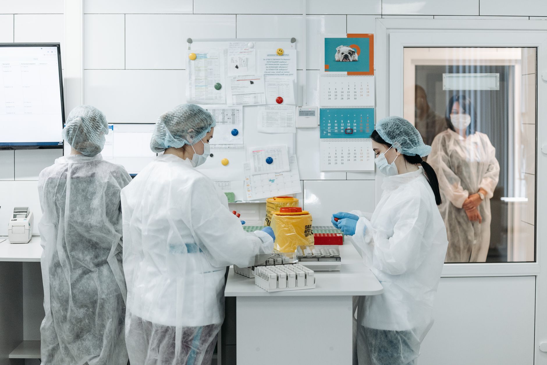 Medical researchers conduct experiments in a controlled lab environment.