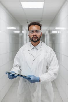 Portrait of a scientist in a lab coat holding a clipboard, standing in a laboratory corridor.