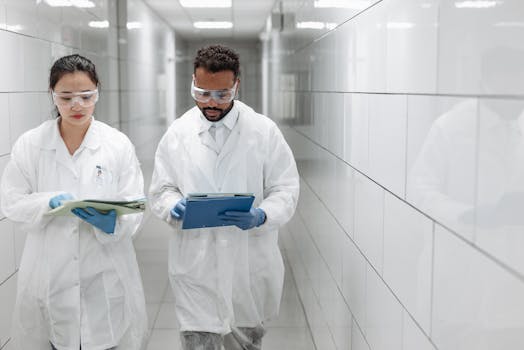 Two researchers in lab coats review documents in a clinical laboratory hallway.