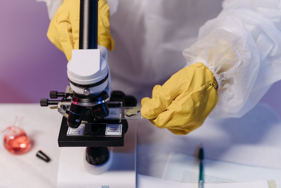 Researcher in protective gloves examines samples under a microscope in a lab setting.