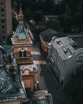 Aerial shot of a historic street and architectural structures in Moscow, Russia.